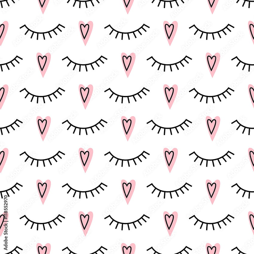 Pola abstrak dengan mata tertutup dan hati merah muda. Ilustrasi latar belakang bulu mata yang lucu. Desain fashion untuk tekstil, kain dll. Stok Vektor wallpaper ponsel HD
