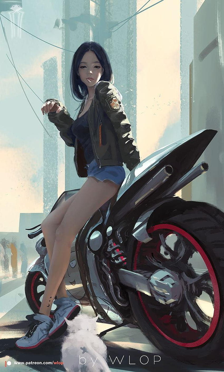 : wanita duduk di atas ilustrasi sepeda sport, android biker hitam wallpaper ponsel HD