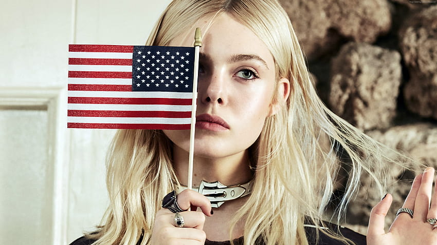 Person holding mini U.S. flag, celebrity, actress, Elle Fanning, elle fanning blonde HD wallpaper