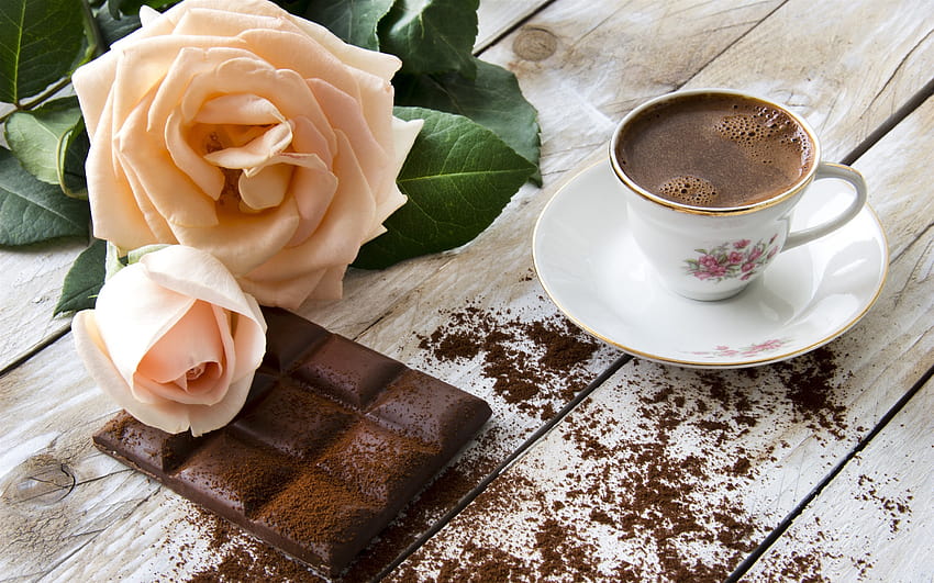 Light pink rose, chocolate, coffee 2880x1800, coffee with rose HD wallpaper