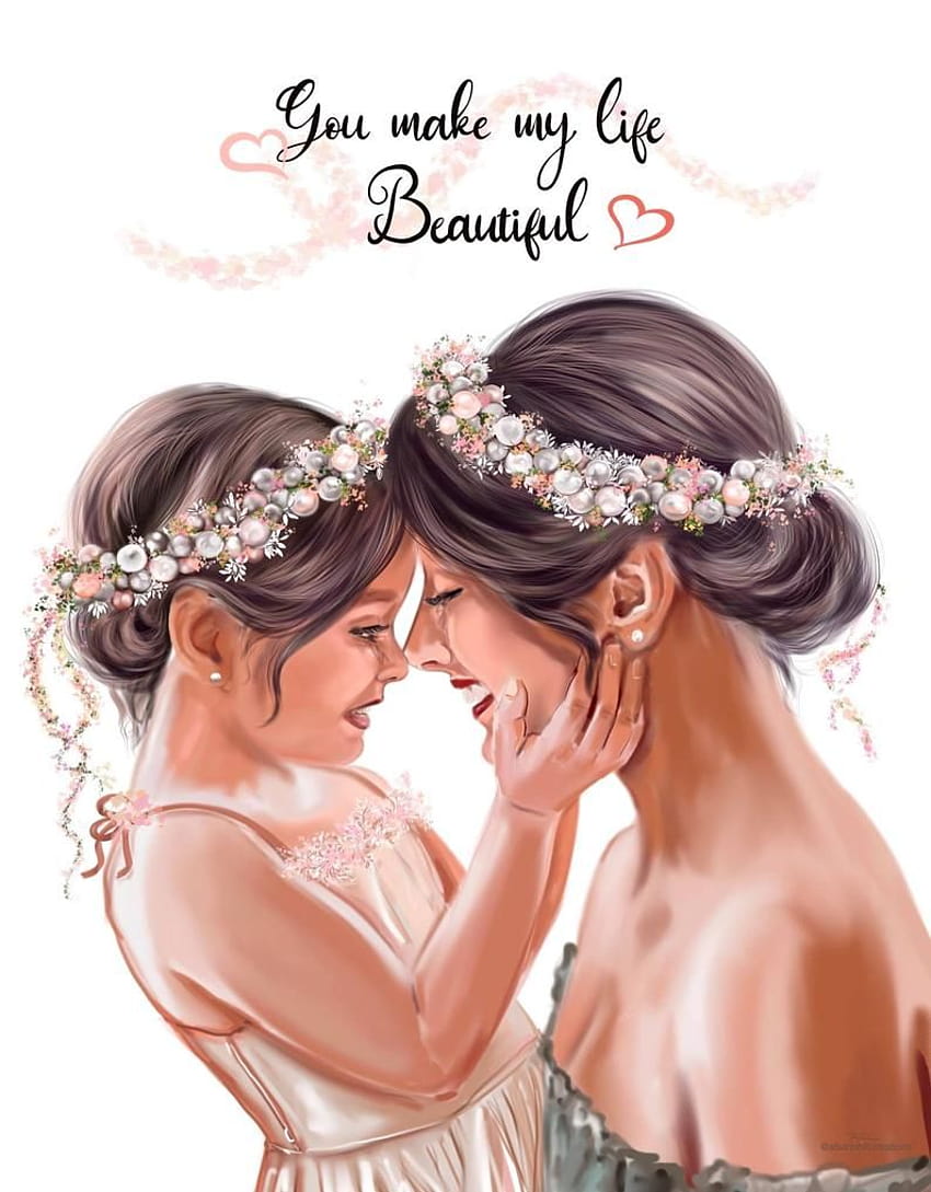 You make my life beautiful, mother and dughter art drawing HD phone wallpaper