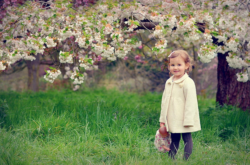Girl child spring mood flowers joy doll, spring for children HD wallpaper