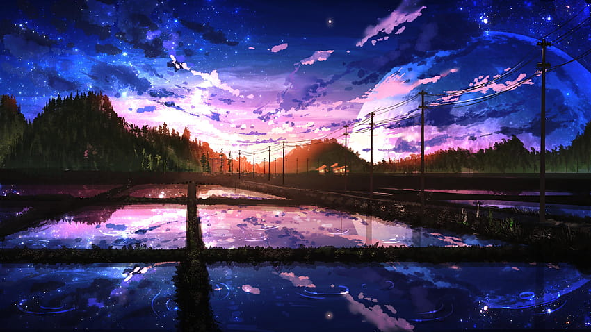 Schöner Sonnenaufgang Wolken Landschaft Reisfeld Anime, schöner Himmel Anime HD-Hintergrundbild