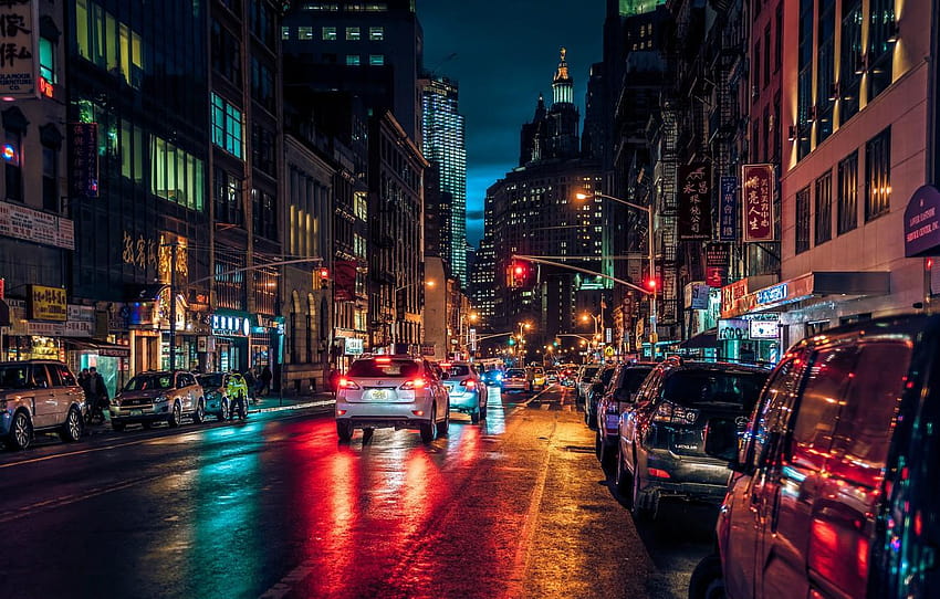 night, lights, street, New York, Manhattan, New, china town HD wallpaper