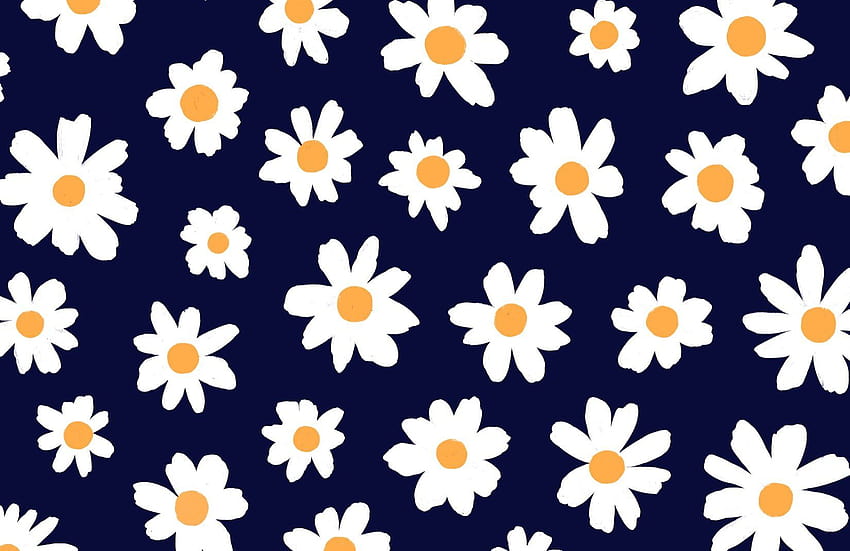 블루 & 화이트 레트로 데이지 꽃 벽화, 봄 패턴 노트북 HD 월페이퍼
