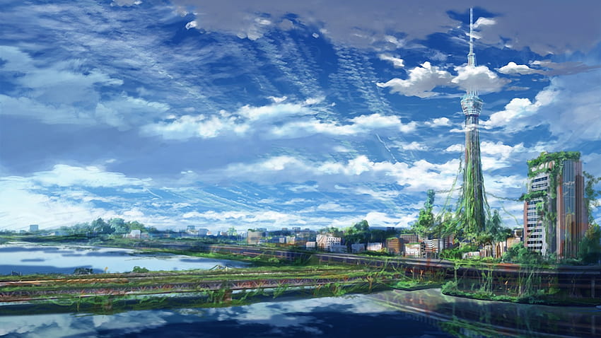 : pemandangan, Pemandangan kota, anime, refleksi, karya seni, kaki langit, sungai, horison, Panorama, senja, awan, tengara, jalan air 1920x1080, anime panorama Wallpaper HD