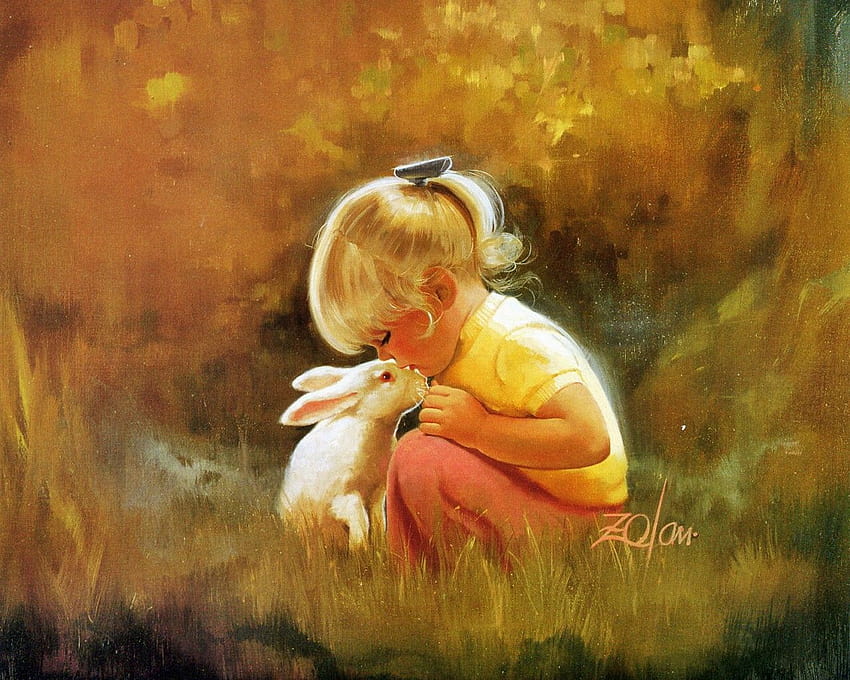 A Lovely Baby Girl and Her Obdient Pet, Kissing Each Other, the Scene is Warm and Cozy – Oil Painting, oil painting women HD wallpaper