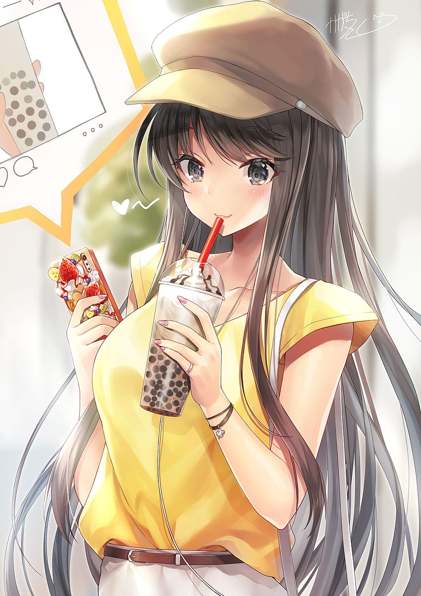 ボバ茶を飲むアニメの女の子 ちび、ボバを飲むかわいいアニメの女の子 HD電話の壁紙