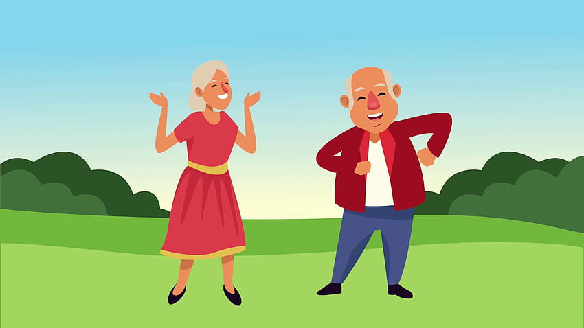pareja de ancianos bailando en los personajes de animación de escena de campo, video animado Stock Video Footage, parejas animadas de edad fondo de pantalla