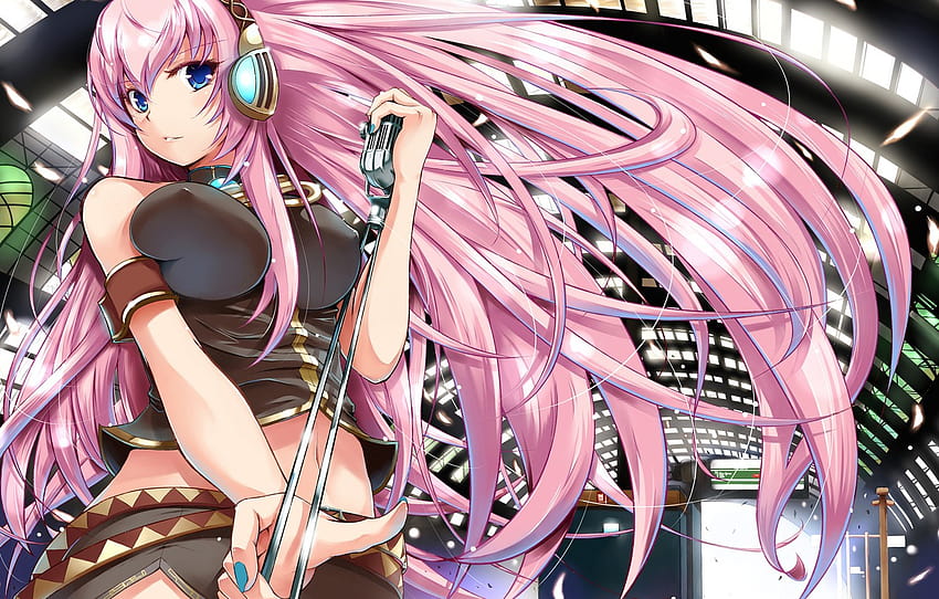 headphones, microphone, vocaloid, Vocaloid, on stage, pink hair, Megurine Luka , section арт HD wallpaper