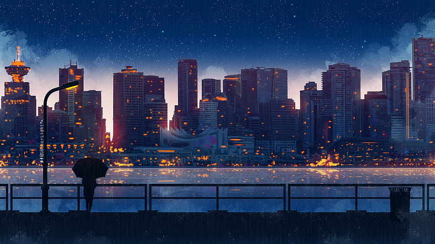 Anime City Lights Nachtregen Regenschirm Himmel, Anime Regenmädchen Regenschirm HD-Hintergrundbild
