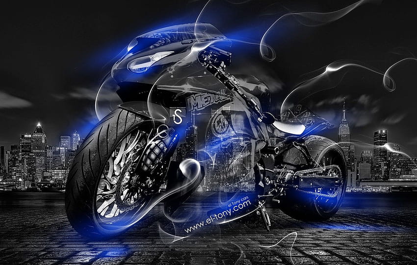 Night, Blue, The city, Smoke, Neon, Style, Bike, Motorcycle, Blue, City, Moto, Art, Blue, hop, Neon , section style, neon bike HD тапет