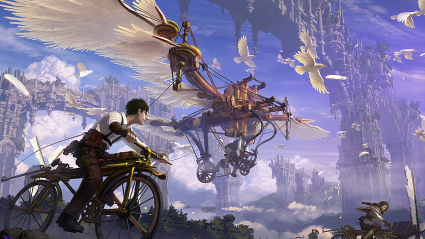 3840x2160 Anime Landscape, Fantasy, Birds, Steampunk, Boy, Girl, Bicycle for U TV, boy with bike HD wallpaper