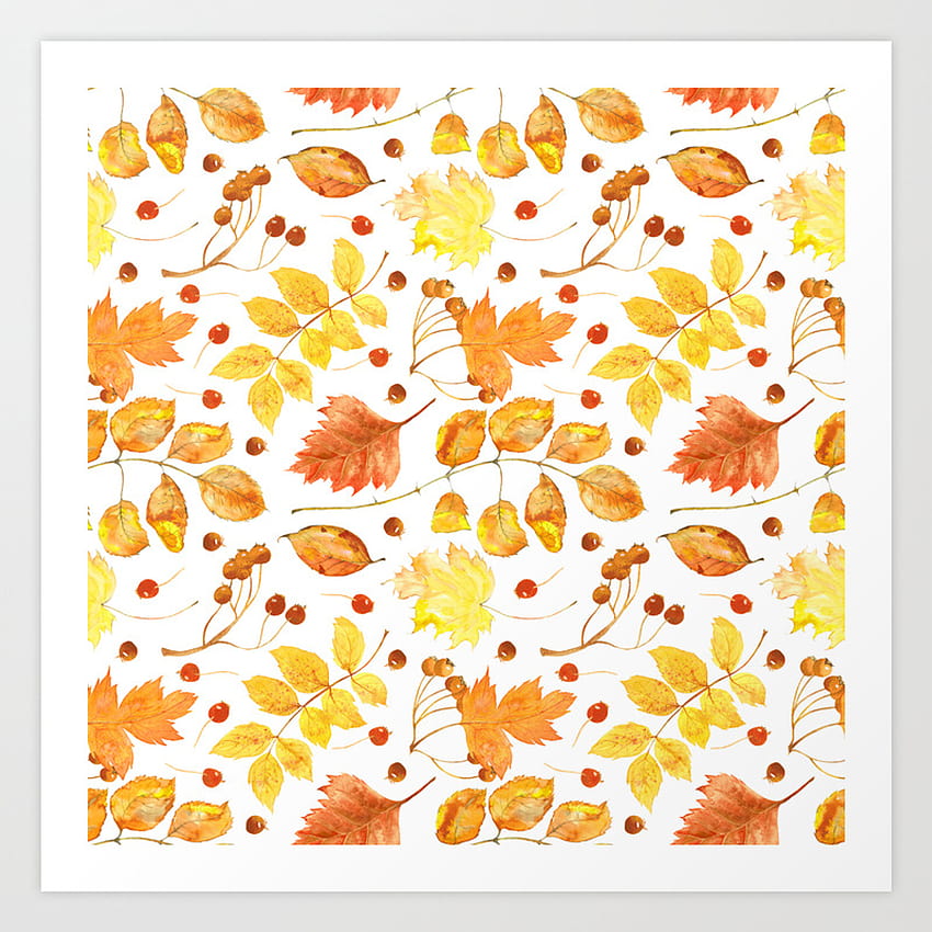 Watercolor autumn leaves seamless pattern on white background. Maple leave, hawthorn leave, birch le Art Print by mila_lev HD phone wallpaper