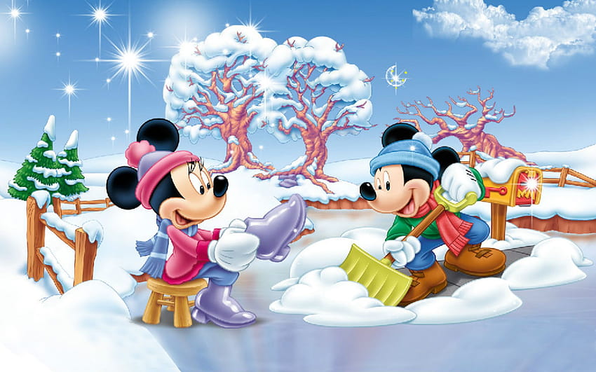 Minnie And Mickey Mouse Winter Snow Fence Yard Blue Sky Winter Clothes Full 1920x1200 : 13 HD wallpaper