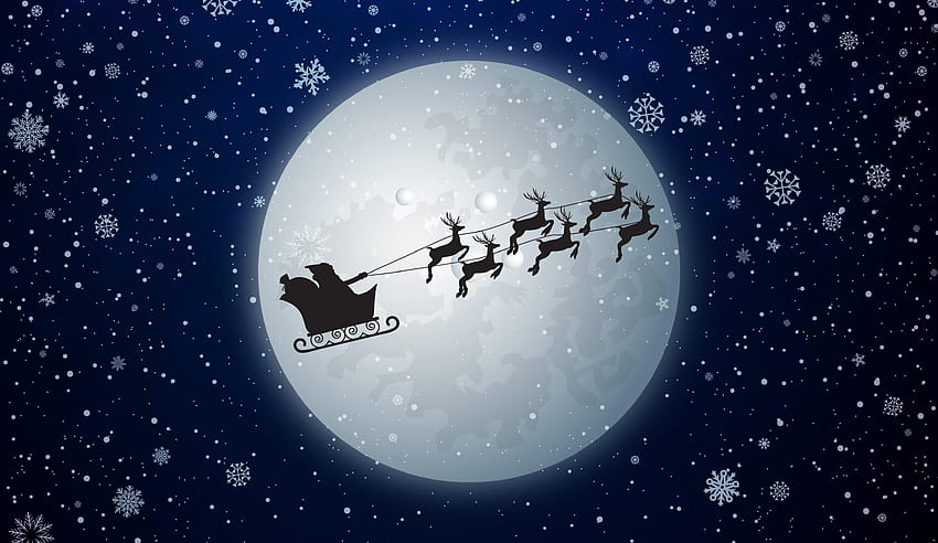 Silhouette of Santa Claus riding on sleigh with reindeers on, santa sleigh and reindeers in sky HD wallpaper