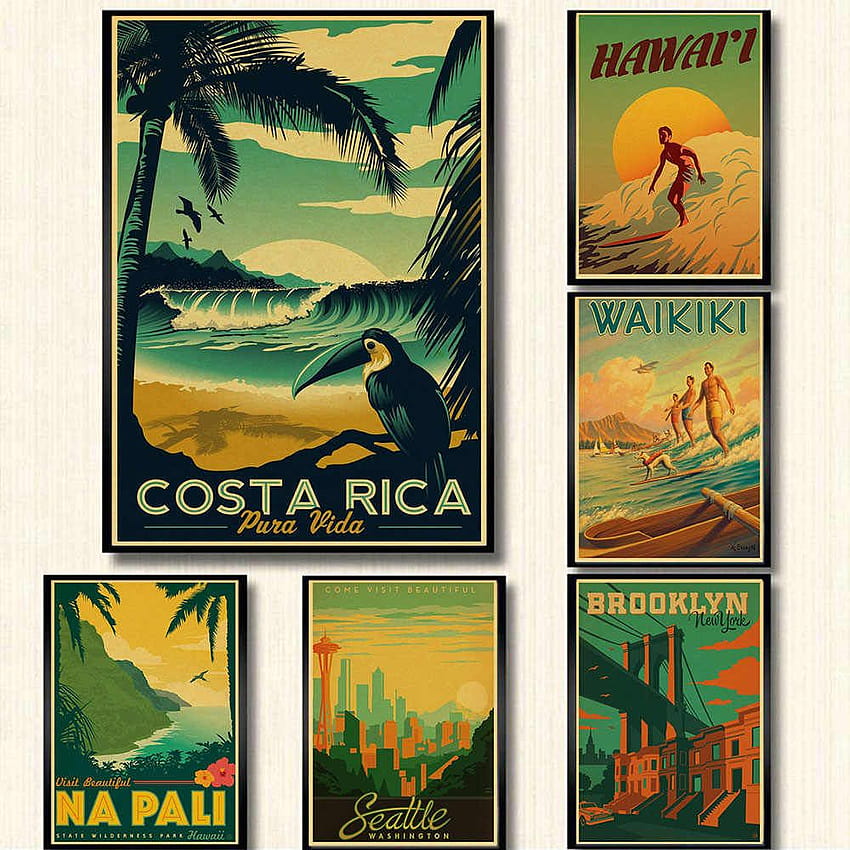 USA CITY Vintage affiche Hawaii NaPali design krafts papier rétro affiches stickers muraux peinture murale café bar pub décor, rétro hawaïen Fond d'écran de téléphone HD