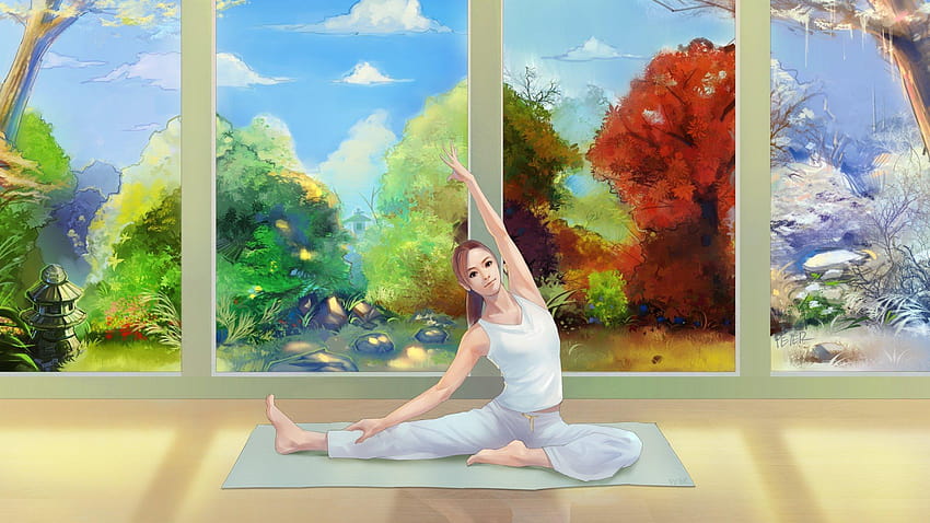 painting art girl view yoga mat seasons summer autumn winter spring, spring summer autumn winter HD wallpaper