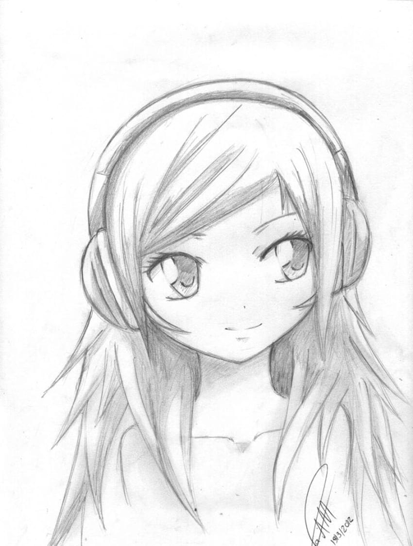 Girl With Headphones Drawing at PaintingValley, anime girl sketch HD ...