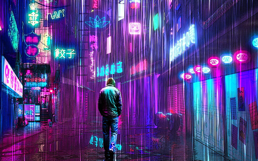 2560x1600 Neon Rainy Lights Cyber​​punk 2560x1600 解像度、背景、フード付きキティ ネオン サイバーパンク 高画質の壁紙