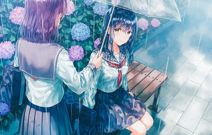 umbrella, bag, Schoolgirls, two girls, blue hair, hydrangea, sailor, on the bench, rainy weather , section арт, 2 bffs anime HD wallpaper