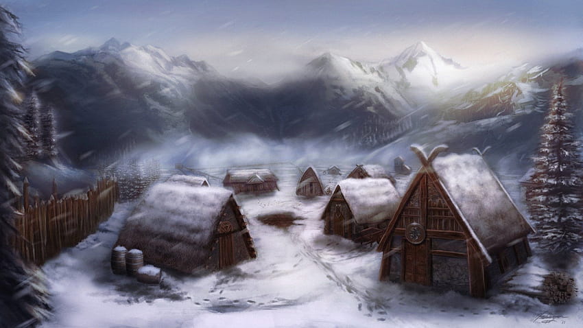 雪, 村, 入植地, ザ, ヴァイキング, 家で, アート, マイケル, ダヴィーニ / そしてモバイルの背景, 冬の村のファンタジー 高画質の壁紙