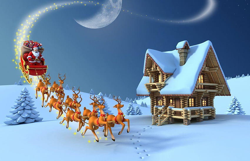 ซานตาคลอสและกวางเรนเดียร์ของเขาที่ขั้วโลกเหนือ คริสต์มาสขั้วโลกเหนือ วอลล์เปเปอร์ HD