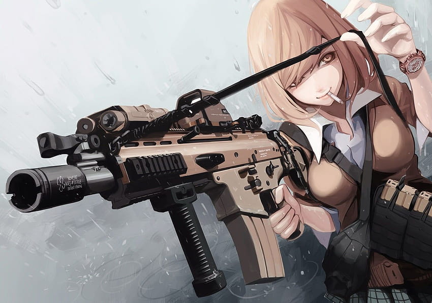 Personaje de anime femenino de cabello negro con rifle digital, anime con pistolas fondo de pantalla