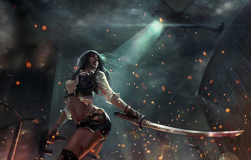 Girl, The city, Girl, Helicopter, Sword, Sparks, City, Light, Fantasy, Art, Night, Fiction, Katana, Sword, Ares, The road to survival , section фантастика, katana women HD wallpaper