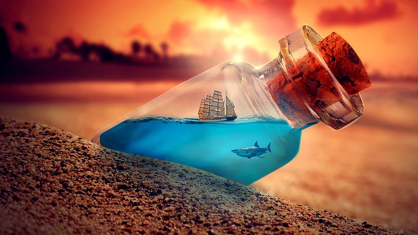 Ship & Shark Inside Jar Creative, kirimkan dalam botol Wallpaper HD