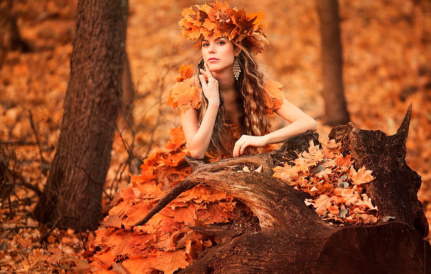 forest, leaves, girl, wreath, autumn style, sad time , section стиль, autumn wreath HD wallpaper