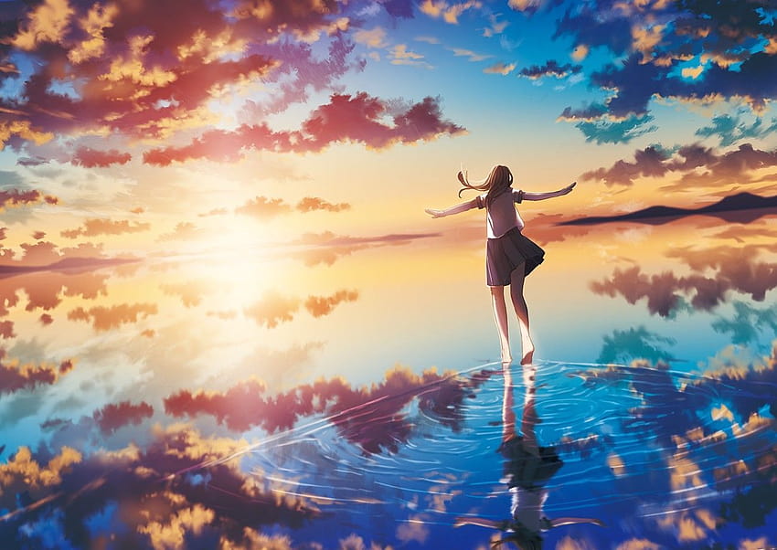 sea sunset Sun clouds original characters anime girls reflection, sad sunset anime HD wallpaper