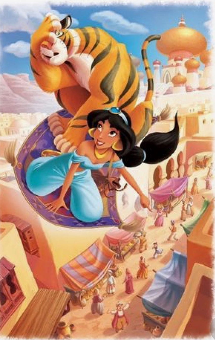 Jasmine and Rajah on a flying carpet, Disney's Aladdin, magic carpet HD phone wallpaper