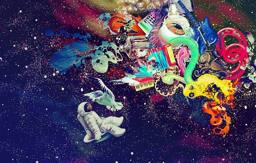 musique, coloré, espace, sang, oiseau, texture, graffiti, guitare, étoiles, incroyable, œil, peinture, astronaute, fait main, Imagination, section текстуры, musique astronaute Fond d'écran HD