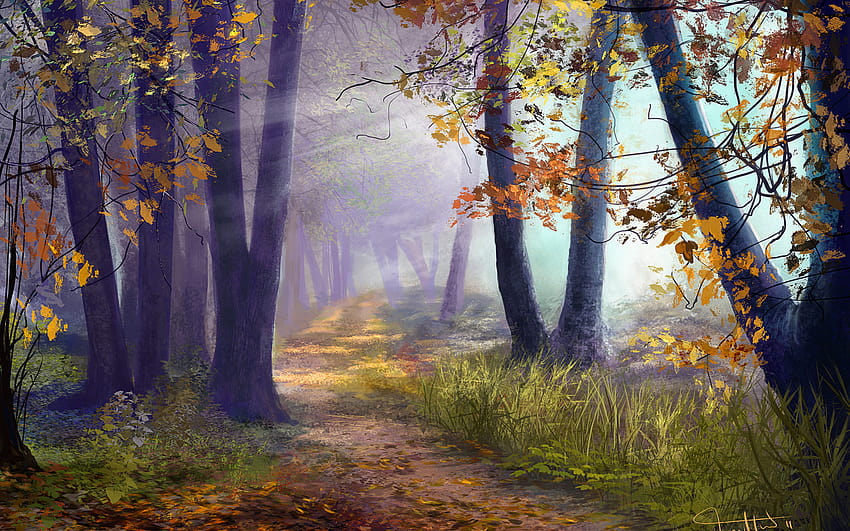 artistic, Art, Paintings, Path, Trail, Leaves, Nature, Landscapes, Trees, Forests, Autumn, Fall, Seasons, Sunlight, Sunbeam, Sun, Colors / and Mobile Backgrounds, path between colorful autumn trees HD wallpaper