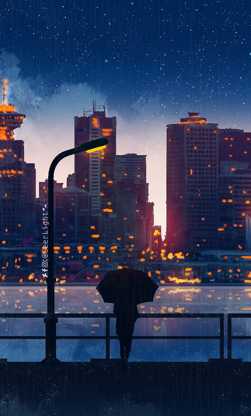 1280x2120 Anime City Lights Nachtregen Regenschirm Himmel iPhone, Hintergründe und ästhetischer Nachtanime HD-Handy-Hintergrundbild