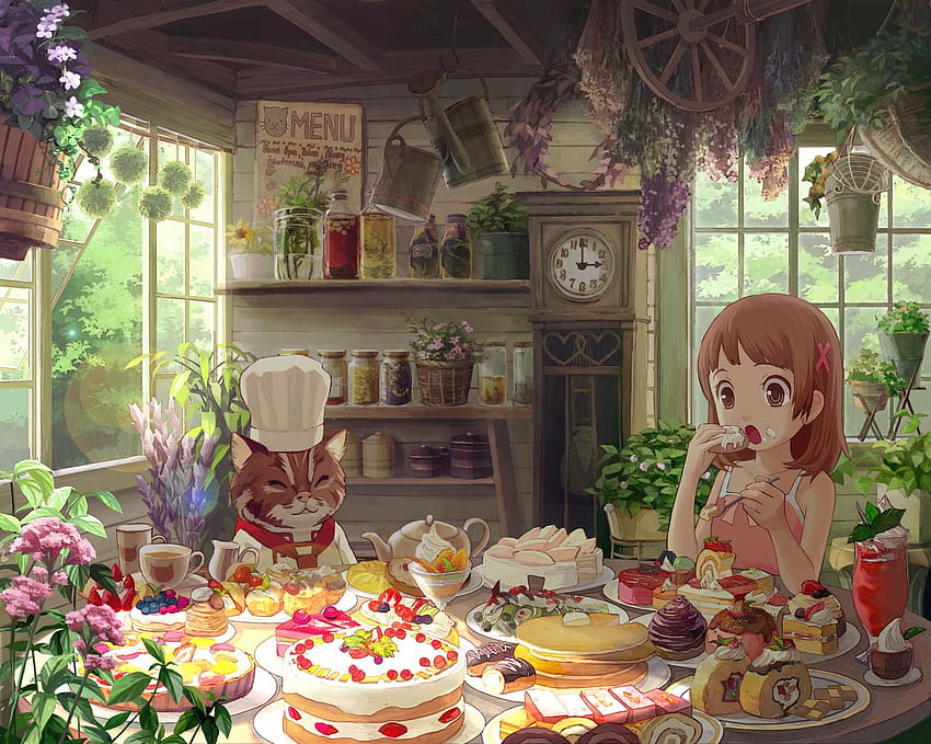 : cat, food, anime girls, clocks, cake, tea, pastries, meal, floristry 1773x1417, anime cake HD wallpaper