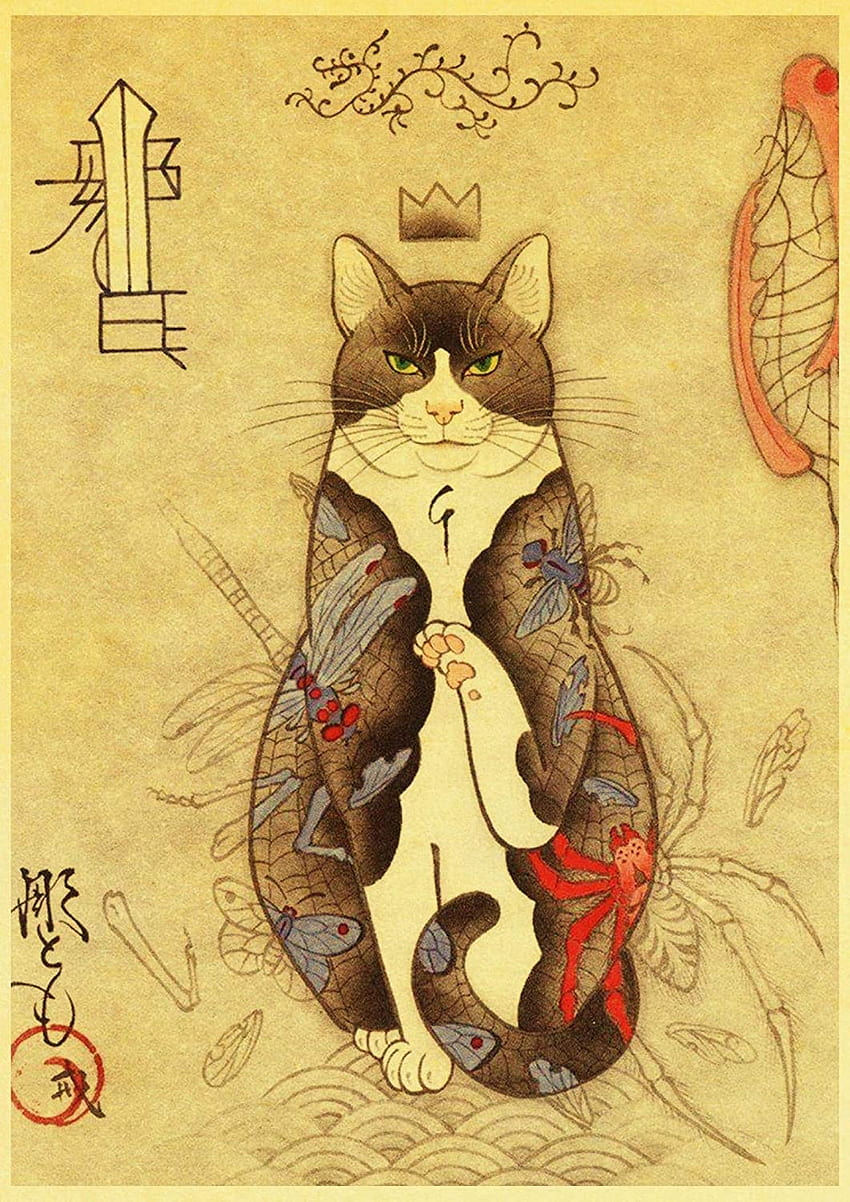Aishangjia Vintage Japanese Samurai Cat Tattoo Cat Retro Poster Craft Painting for Home Decor Wall Stickers 50x70 cm Sfondo del telefono HD
