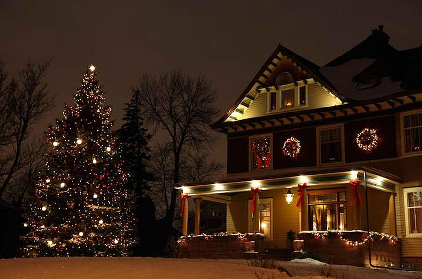 Rumah: Country Christmas White Tree Gold Brown Snow Wreaths, negara natal Wallpaper HD