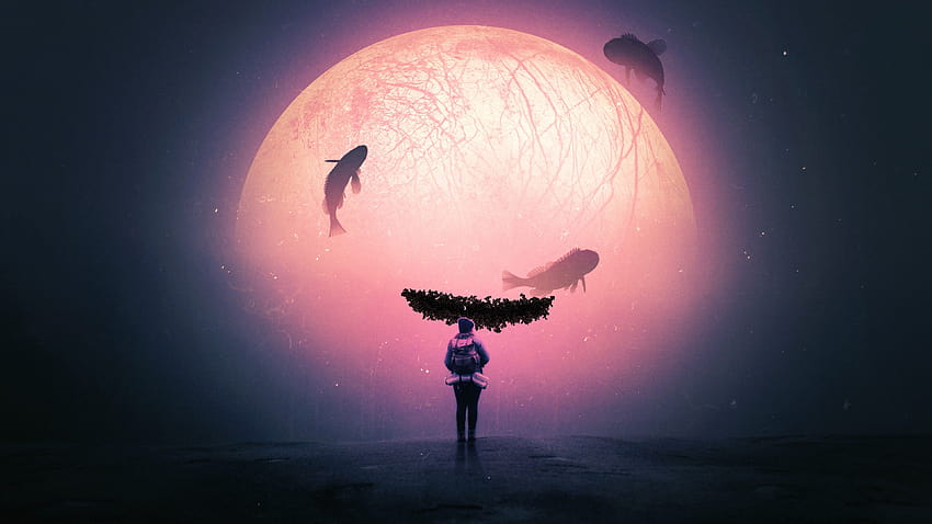 Alone , Surreal, Dream, Fishes, Moon, Travel, Explorer, Fantasy, alone boy HD wallpaper