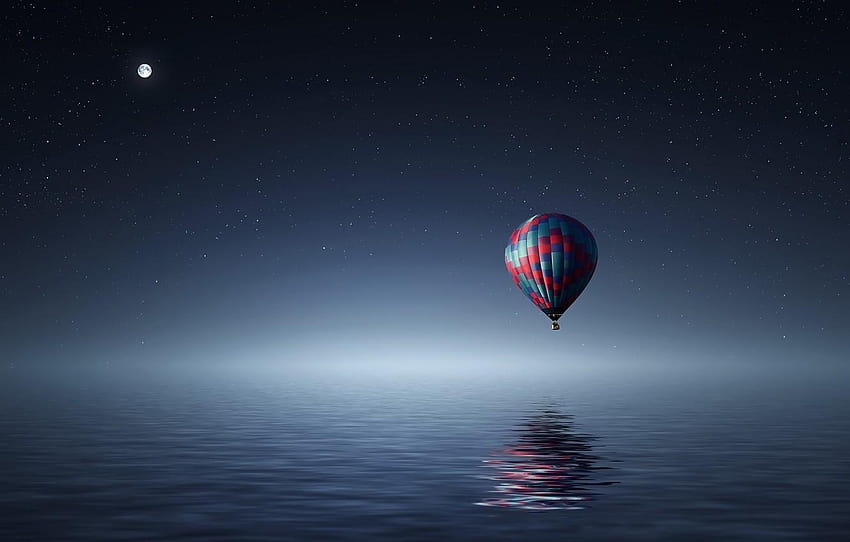 sea, stars, night, balloon, the moon for, moon balloon HD wallpaper