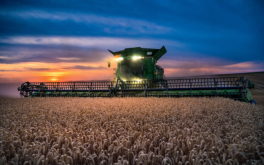 John Deere X950, залез, зърнокомбайн, 2021 комбайни, жътва на пшеница, концепции за жътва, John Deere X9 Series, R, концепции за селското стопанство, John Deere с резолюция 3840x2400. Високо качество HD тапет