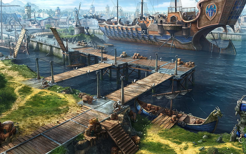 Old Game Port With Ship, seaport HD wallpaper