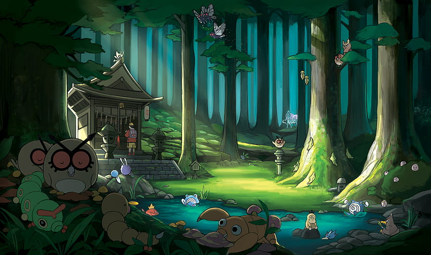 dunesand: „Mein kompletter Beitrag für das @poketravelzine!“ Ich hatte eine Menge Spaß mit so vielen talentierten Künstlern! Ilex-Wald…, Pokémon-Wald HD-Hintergrundbild