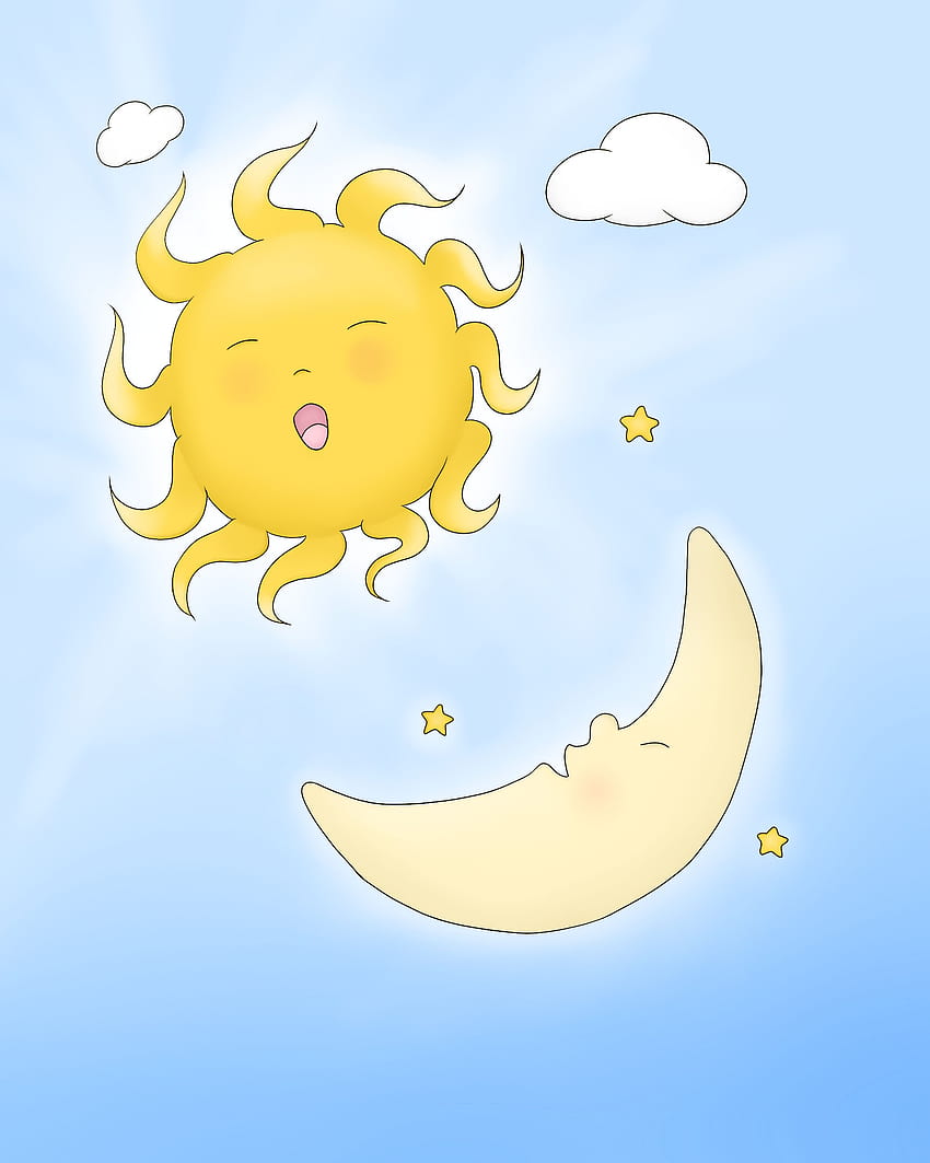 Sleepy cartoon sun and moon at sky, moon cartoon HD phone wallpaper
