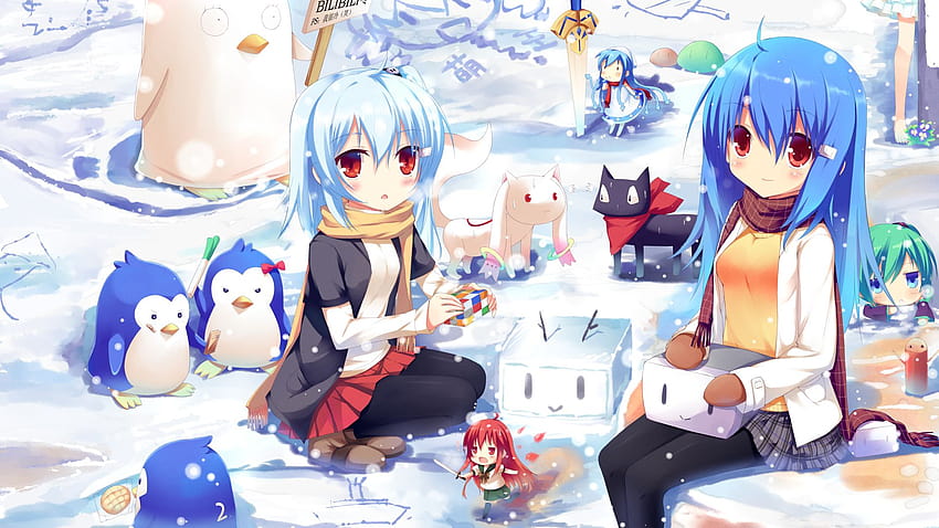 Blue Blue Hair Cat Clannad Girl Light Penguin Red Eyes Scenery Season Snow Winter, anime cat winter HD wallpaper
