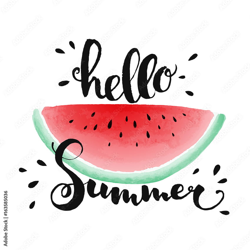 Cute watercolor styled watermelon slice with hello Summer lettering on white background. Vector illustration. Stock Vector HD phone wallpaper