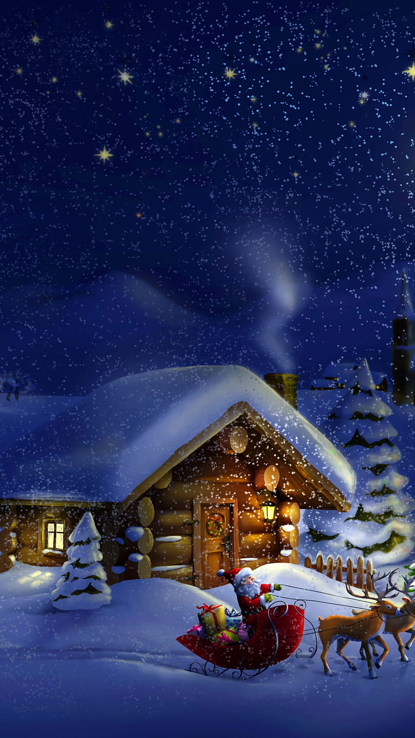 Weihnachten, Neujahr, Weihnachtsmann, Hirsch, Mond, Nacht, Winter, Haus, Schnee, Feiertage, Winternacht vertikal HD-Handy-Hintergrundbild
