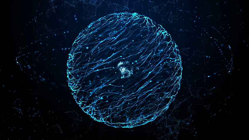 Niebieska sfera energii cząstek. Streszczenie tło ruchu technologii, nauki, inżynierii i sztucznej inteligencji. Ruchome tła, kula energii Tapeta HD