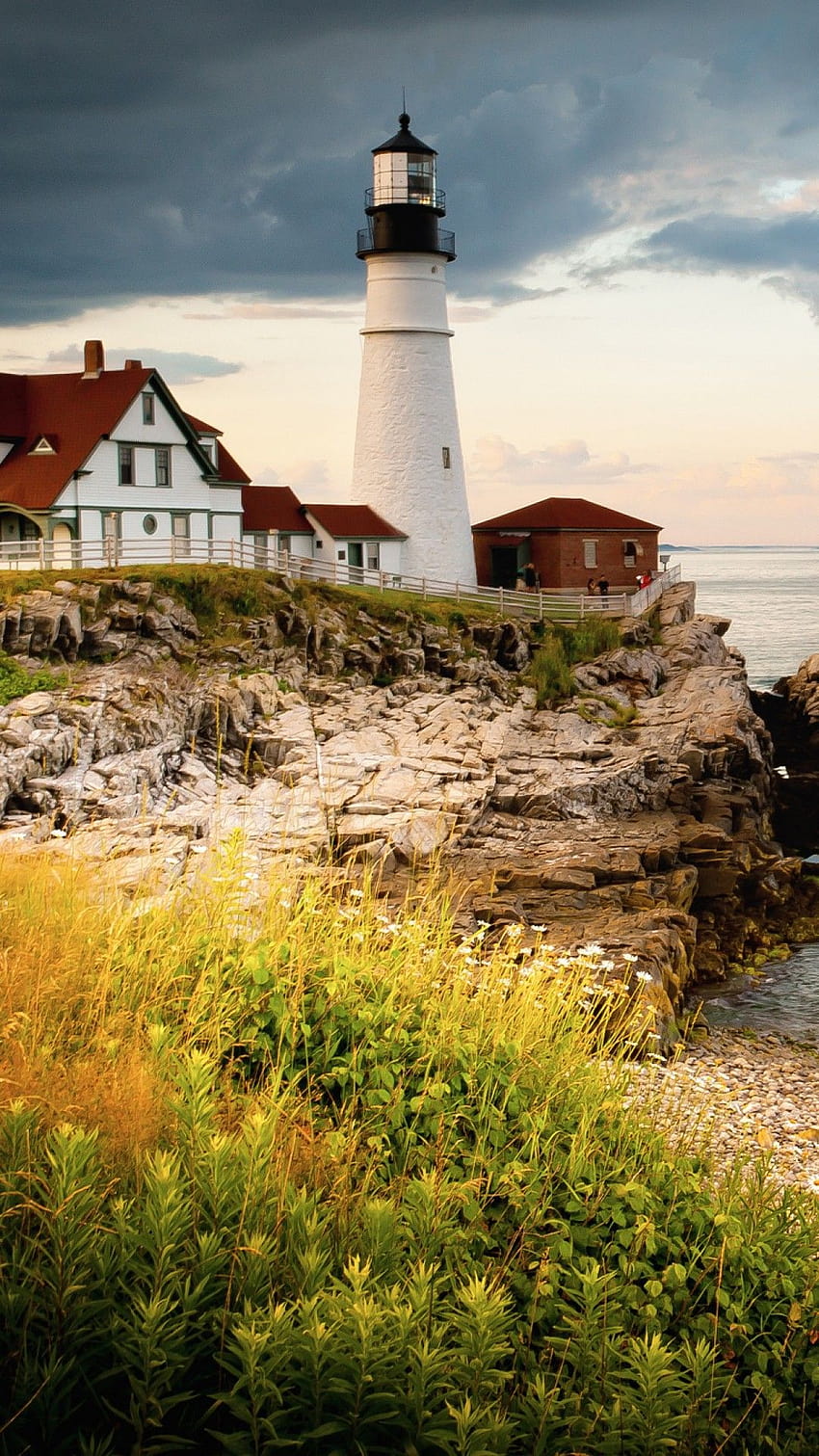 Portland Head Light, , Cape Elizabeth, Maine, USA, sea, ocean, water, rocks, sky, clouds, OS HD phone wallpaper